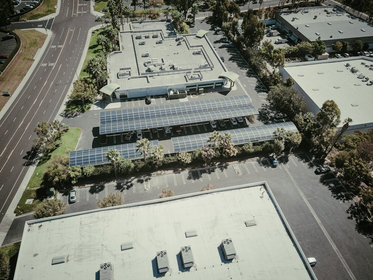 Services-01 Drone shot of solar panels in a city showcasing sustainable energy use.
